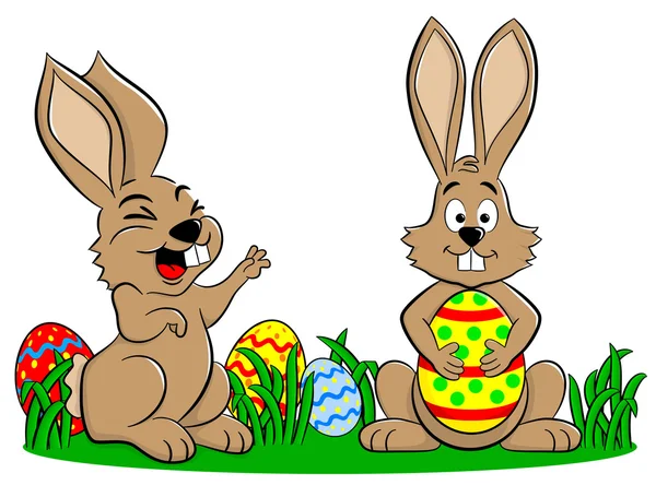 Пасхальные кролики играют с пасхальными яйцами — стоковый вектор