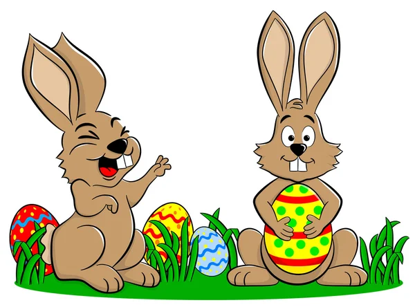 Conejitos de Pascua jugando con huevos de Pascua — Vector de stock