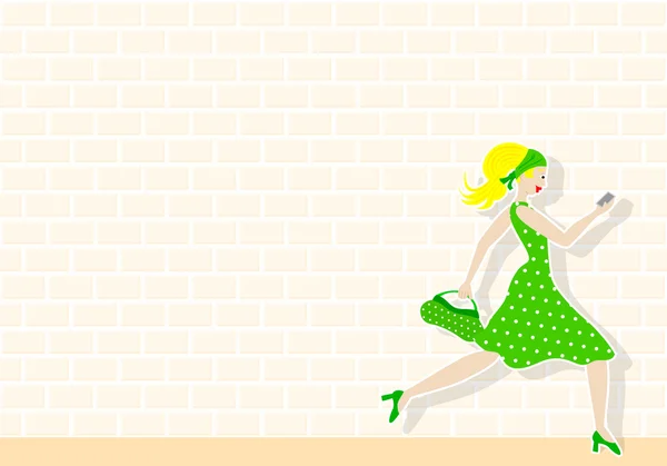 Frau fährt an einer Mauer vorbei — Stockvektor