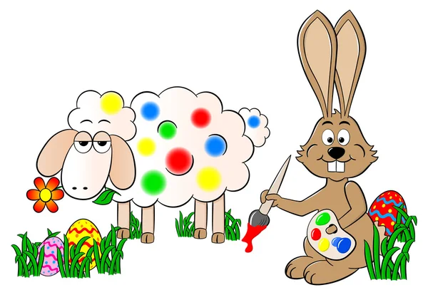 Conejito de Pascua pintura una oveja colorido — Vector de stock