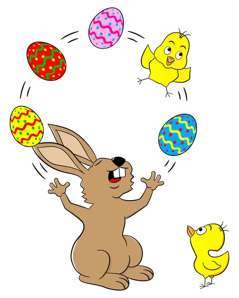 Conejito de Pascua haciendo malabares con huevos de Pascua y un polluelo — Vector de stock