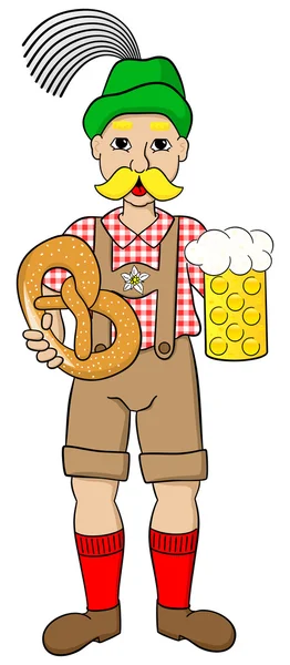 Oktoberfest-Mann mit Bier und Brezel — Stockvektor