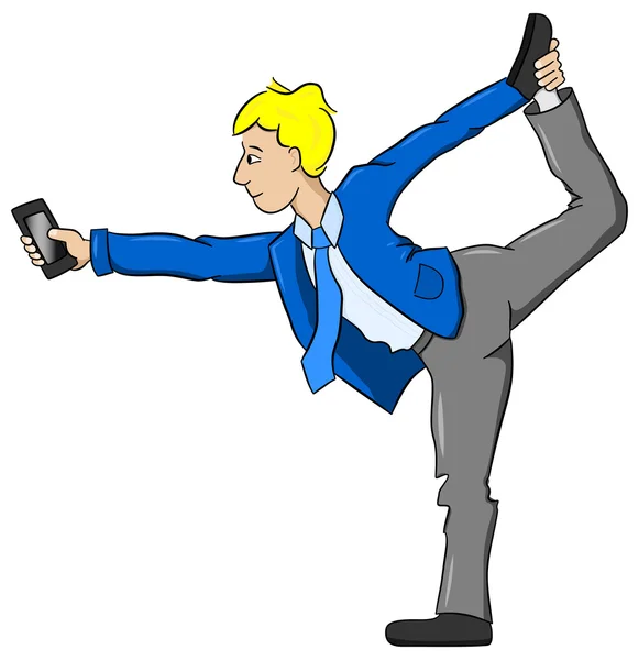 Zakenman in yoga pose kijkt naar zijn mobiele telefoon — Stockvector