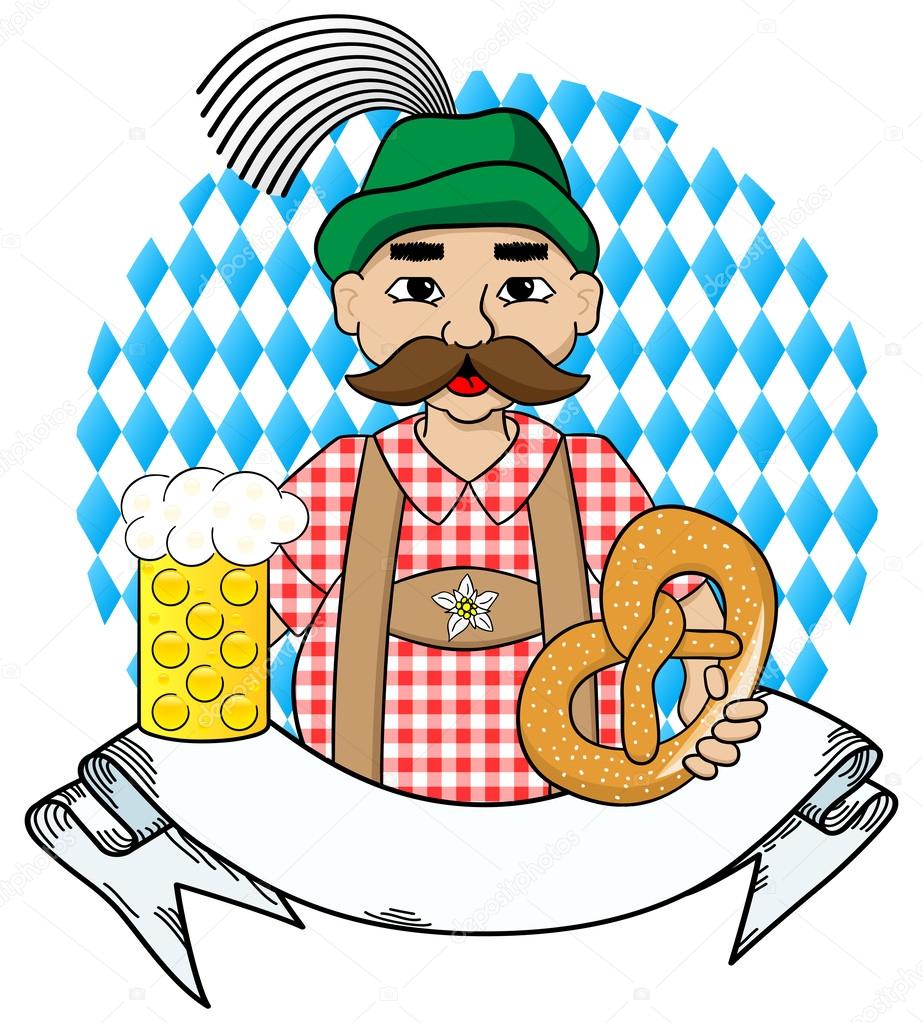 oktoberfest man with beer,  pretzel and banner