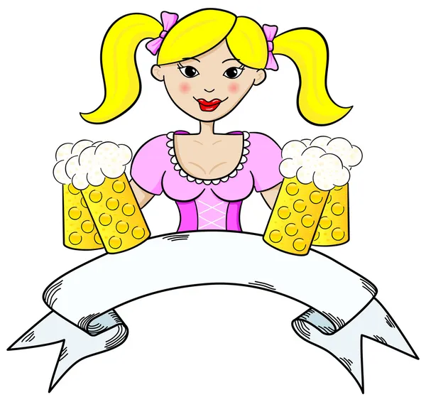 Oktoberfest dziewczynka serwujące piwo z banerem — Wektor stockowy
