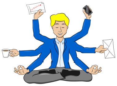 işadamı meditasyon Lotus pozisyonu ve bir sürü iş var 