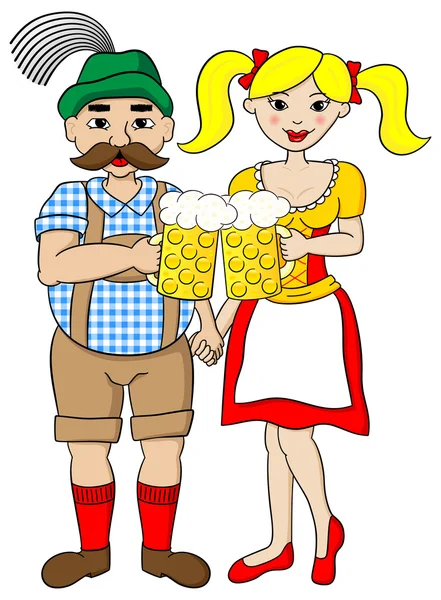 Bavarian couple with oktoberfest beer — Stock Vector