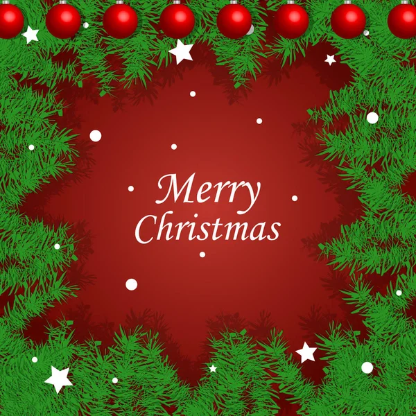 Merry Christmas Card Red Balls Green Garland Frame Made Pine — Stock Vector