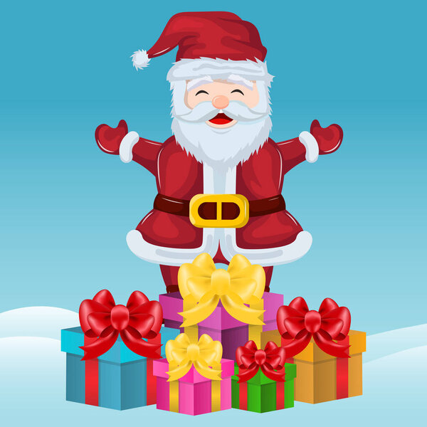 christmas card of santa claus with open hands and scattered presents