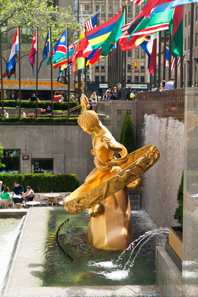 Side view of the sculpture of Prometheus in Rockefeller Center in Midtown Manhattan, New York, USA