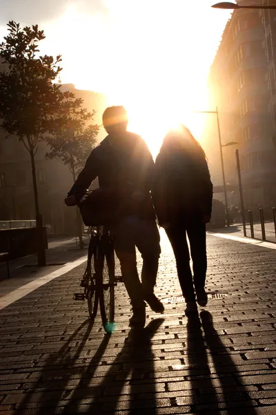 Jovem casal andando pela rua com uma bicicleta ao pôr do sol . — Fotografia de Stock