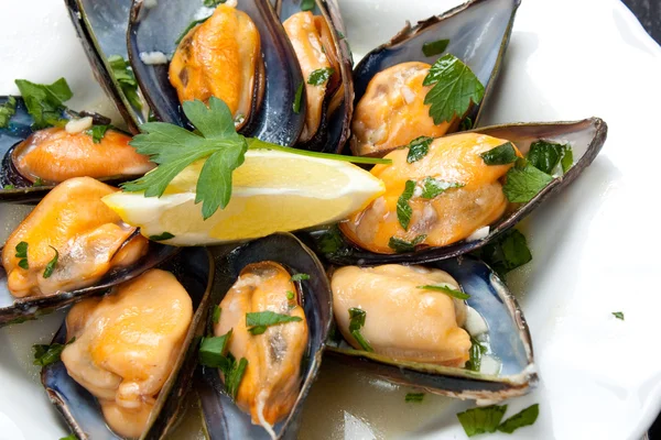 Mussels with white wine and parsley sauce — Stock Photo, Image