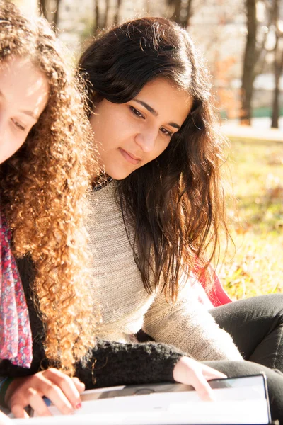 Adolescente niñas estudiando al aire libre —  Fotos de Stock