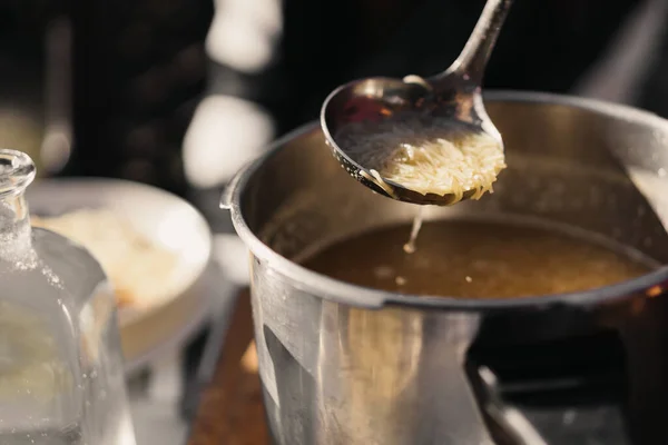 Unrecognizable Person Serving Chicken Noodles Soup Ladle Pot Close Selective — Stock Photo, Image