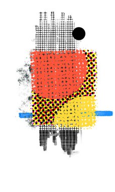 Beyaz arka planda karışık teknik ve dokularda soyut kompozisyon. Dijital sanat