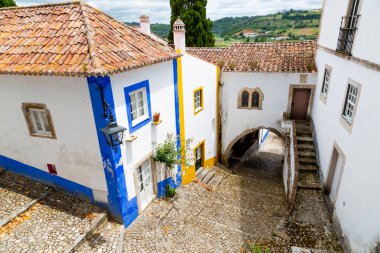 Geleneksel mimarisi ve renkleriyle Obidos 'ta güzel bir cadde manzarası