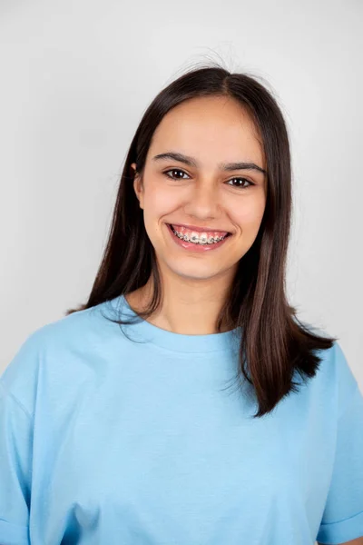 Portrait Cute Happy Teen Girl Braces Smiling Isolated White — Foto Stock
