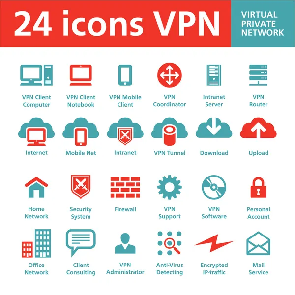 Vector 24 Iconos VPN (Red Privada Virtual ) — Archivo Imágenes Vectoriales