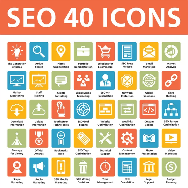 40 iconos vectoriales - SEO (Optimización de motores de búsqueda ) — Vector de stock