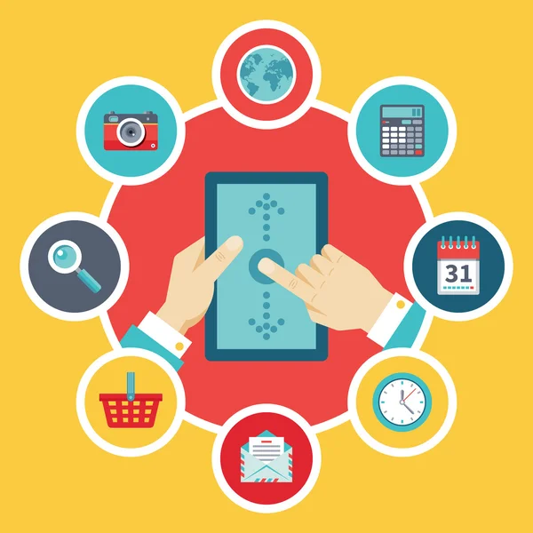 Tablet PC el ile ve simgeler - düz tasarım stili vektör