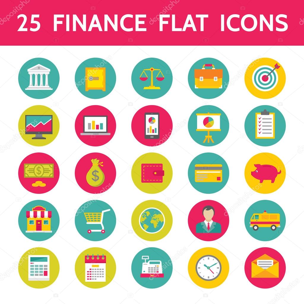 25 Finance Flat Icons in Vector Format for presentation, booklet, website etc.