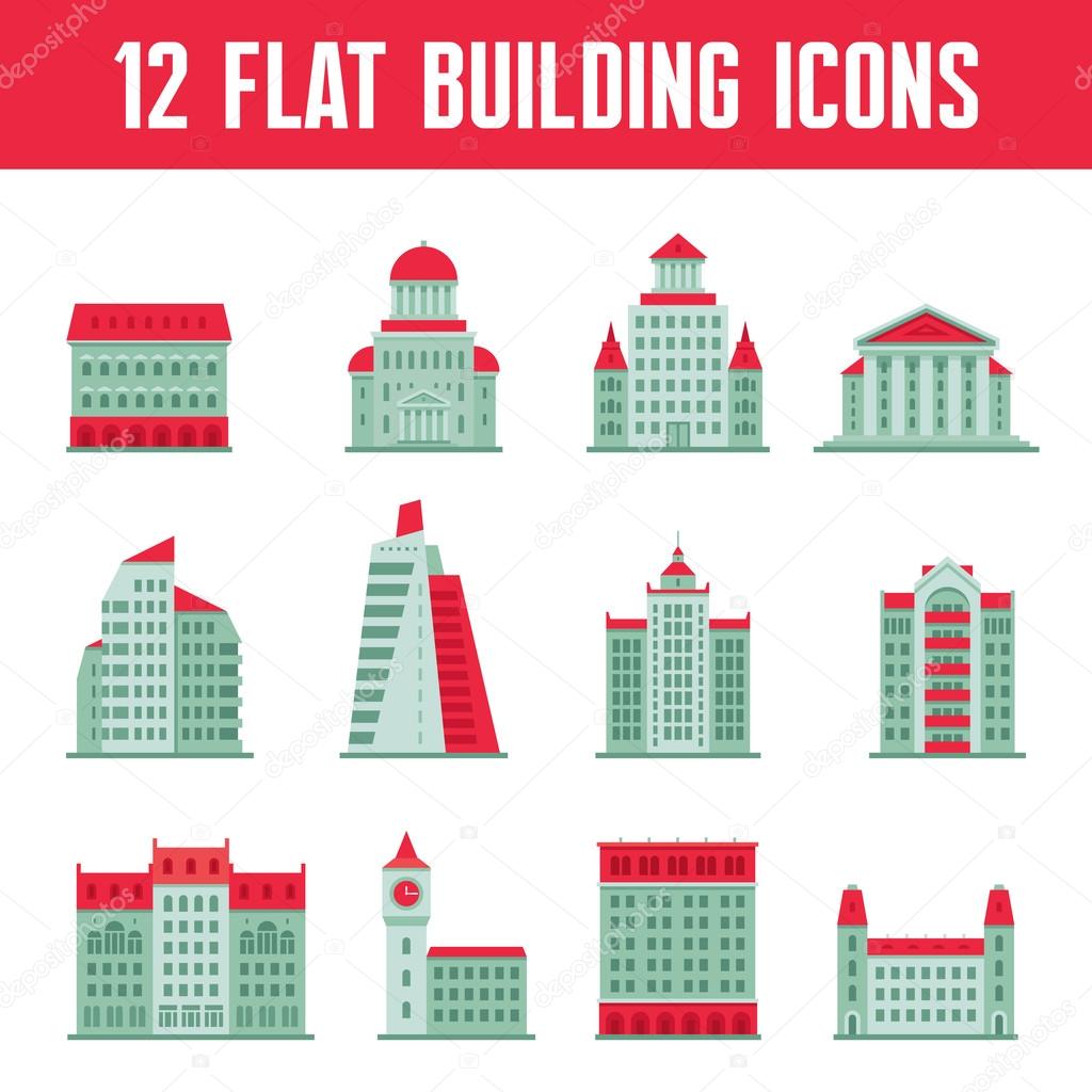 12 Building Icons Set in Flat Design Style