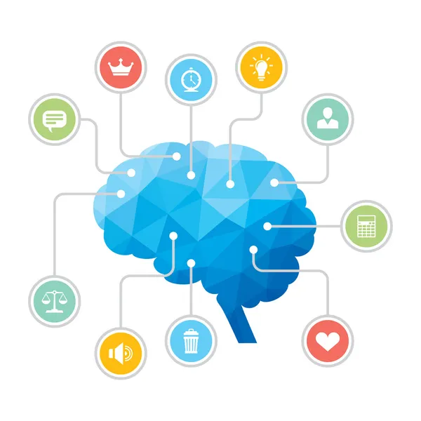 Menschliches Gehirn - blaue Polygon-Infografik mit Symbolen — Stockvektor