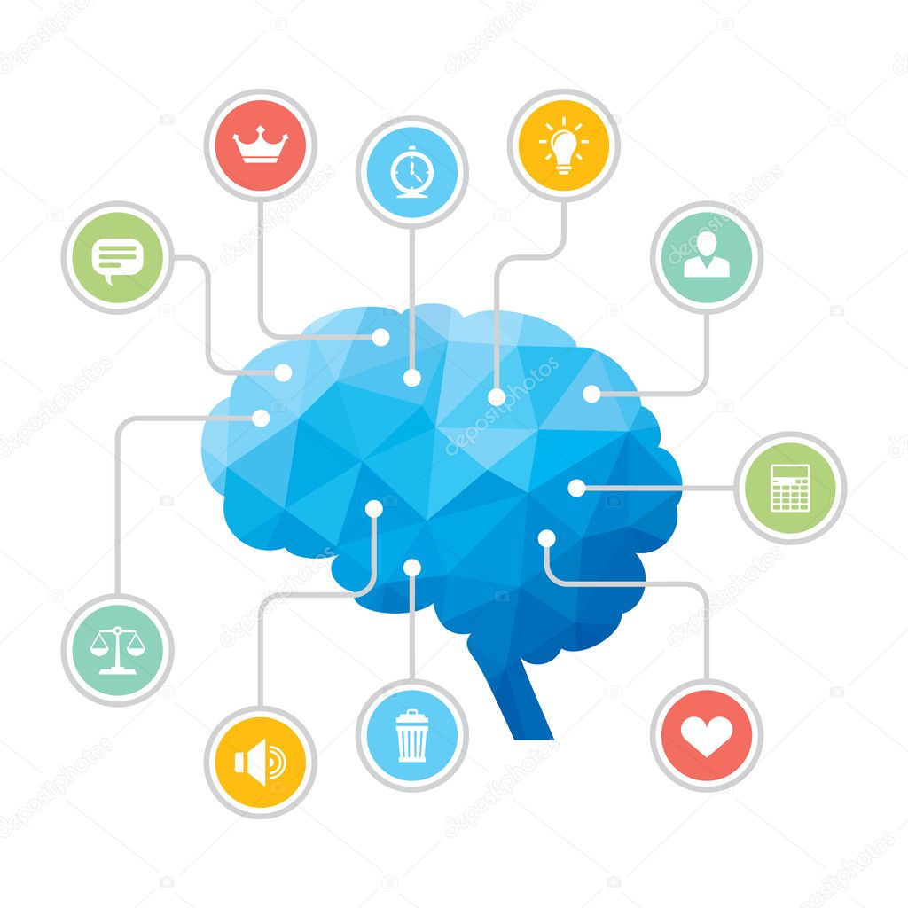 Human Brain - Blue Polygon Infographic Illustration with Icons