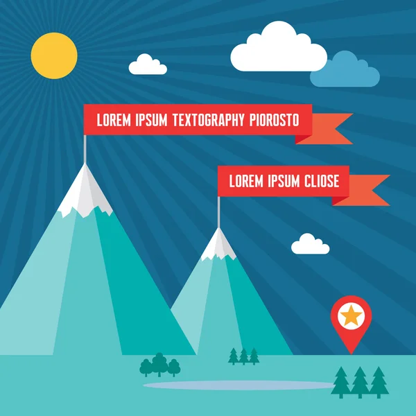 Pegunungan Salju dengan Bendera Merah dalam Gaya Rancangan Datar - Stok Vektor