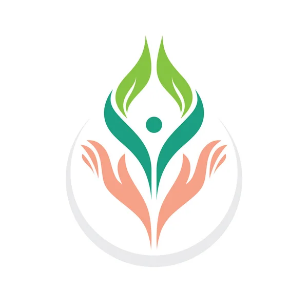 人間のキャラクター 自然の緑の葉 ベクターロゴのコンセプトイラスト 健康正のシンボル グラフィックデザインの要素 人の手だ ウェルネスロゴデザイン — ストックベクタ