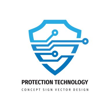 Data protection technology - logo vector illustration. Abstract shield symbol with electronic design elements. Antivirus creative sign. Guard security digital technology icon. 
