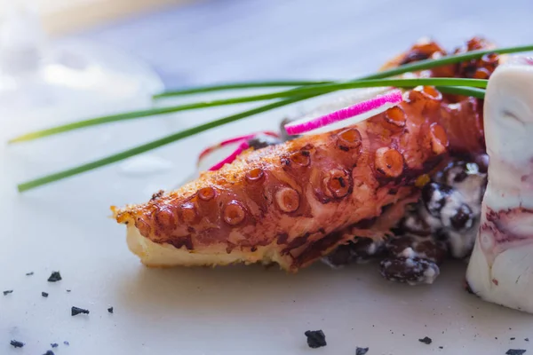 Grilled Octopus Black Beans White Plate Restaurant Menton France Exquisite — Stock Photo, Image
