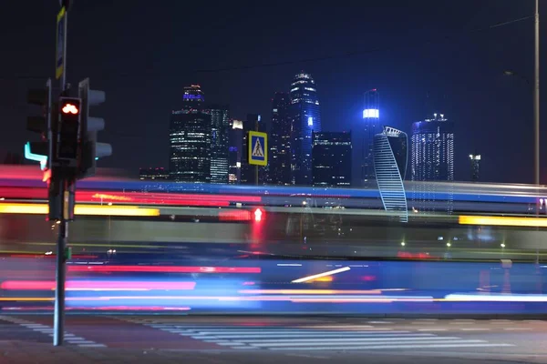 City Moscow 2021 Night Street Pedestrian Crossing Photo Long Exposure — Stock Photo, Image