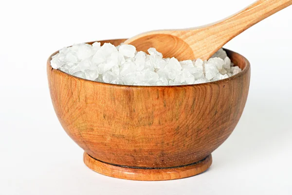 Sea salt in a wooden bowl — Stock Photo, Image