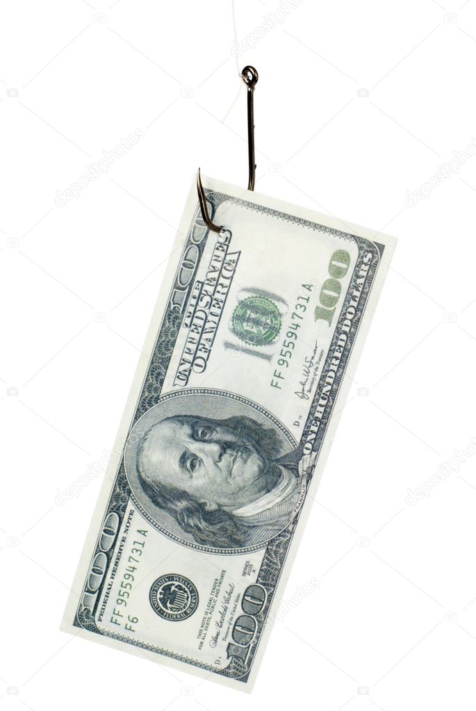 one hundred dollar bill on a fishing hook