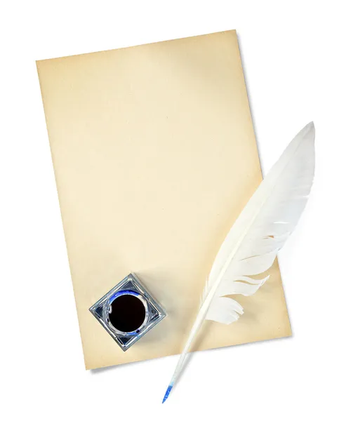 Feather, ink and sheet of old paper — Stock Photo, Image