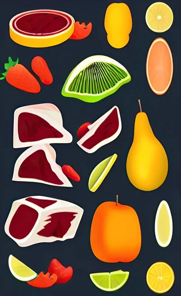 set of fruits and vegetables on a black background. vector illustration