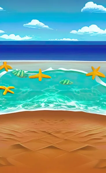 illustration of a tropical beach with a sea and a lake