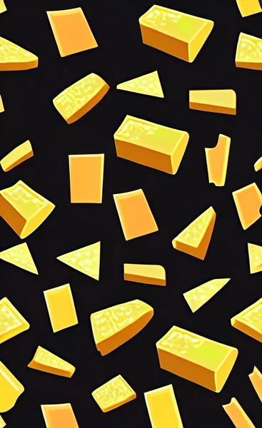 yellow cheese cubes on black background. top view.