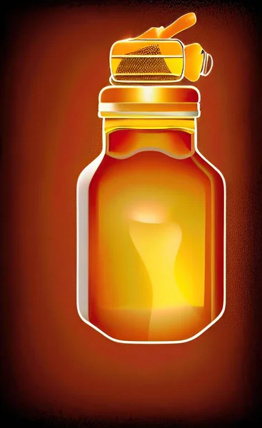 jar with honey bottle and glass of water on a dark background