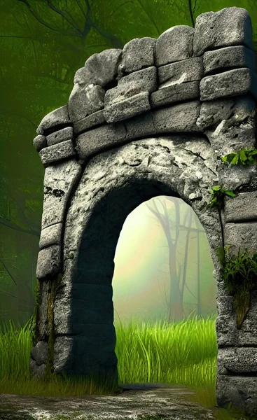 3d rendering of a fantasy landscape with a stone wall