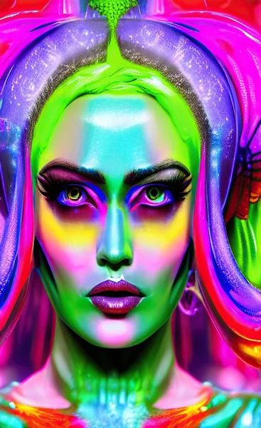 neon portrait of a beautiful girl with colorful hair and bright makeup