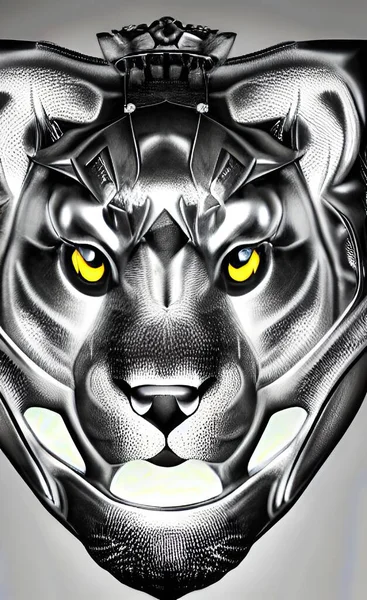 3d illustration of a lion head with a black eye