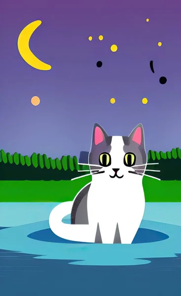 illustration of a cat in the water with a moon