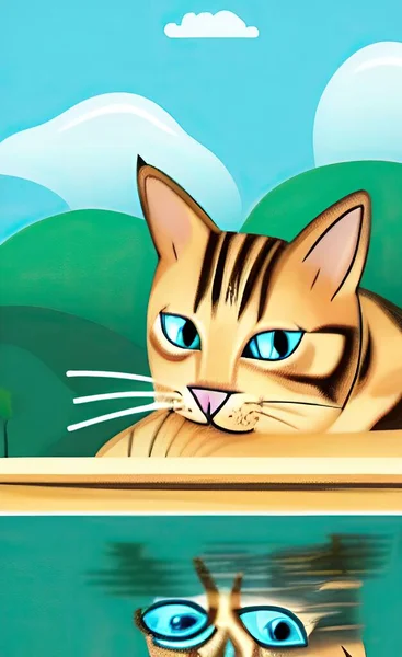 cartoon cat with a blue eyes on the background of the sea