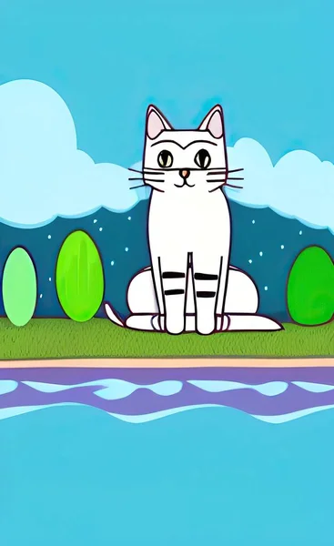 cartoon illustration of cute cat with water drop on the beach