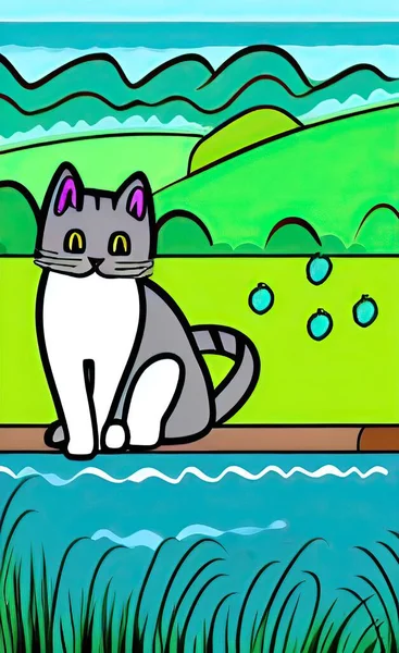 cartoon illustration of a cat with a river