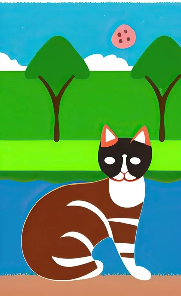 cartoon illustration of a cute cat with a swimming pool