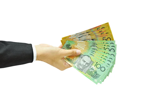 Mano sosteniendo dinero - Dólares australianos — Foto de Stock