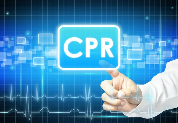 Mano toccando segno CPR sullo schermo virtuale — Foto Stock